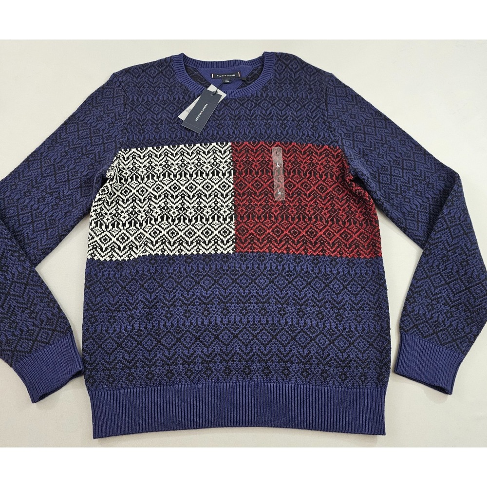 Tommy Hilfiger sweater mens L Large blue red white XM05005 cotton flag $89.50